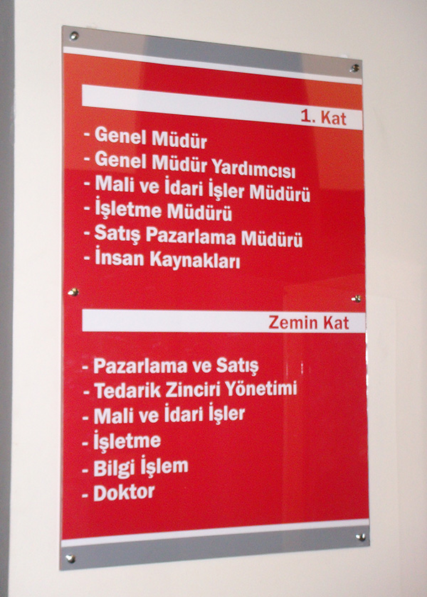 ŞEFFAF VE RENKLİ PLEKSİ KAPI İSİMLİĞİ ÖRNEKLERİ